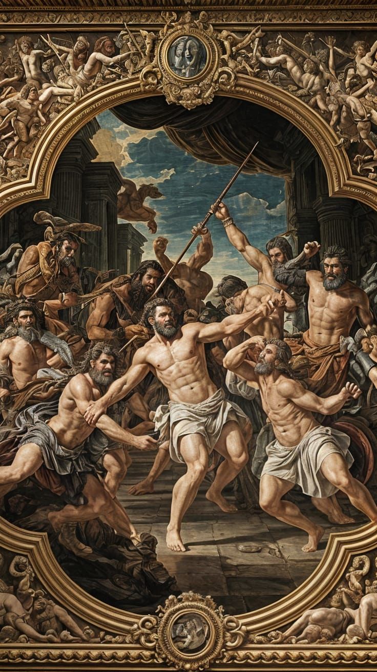 Epic Battle Scene in Rococo Style Fresco