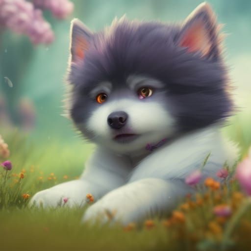 Cute Samoyed Puppy in a Fantastical Garden