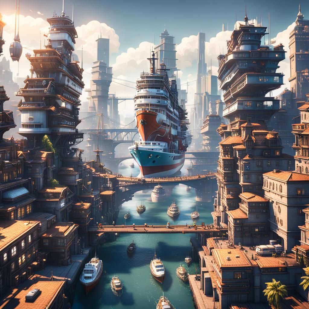 Futuristic Cityscape of Ships in 3D Cinematic Style
