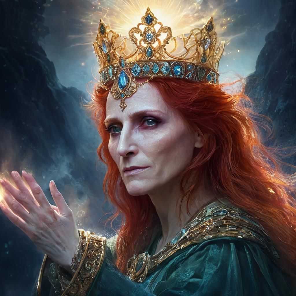 Redhead Sorceress with Crown in Ethereal Fantasy Art