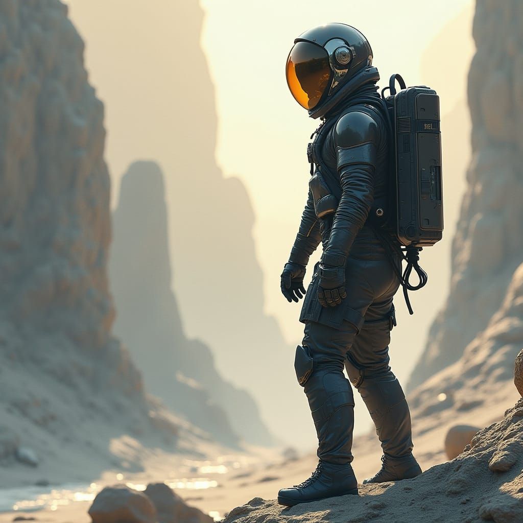 Astronaut Explores Ruins in Minimalist Futuristic Style