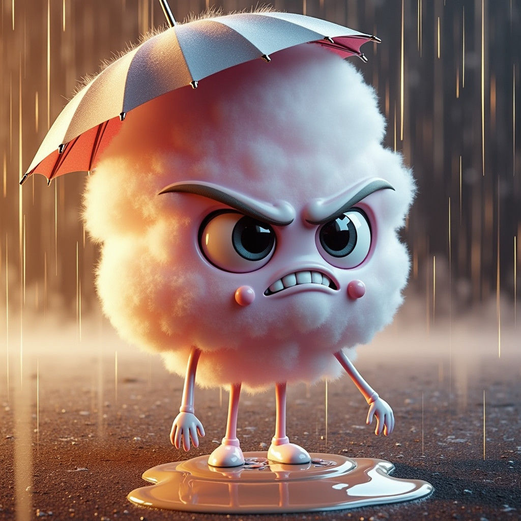 Annoyed Cotton Candy Character in Rainy, Surreal Scene