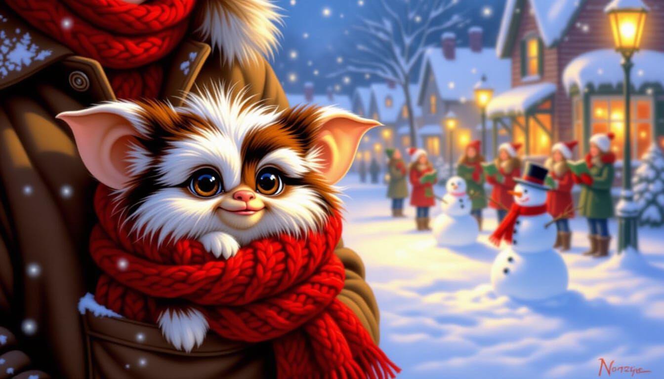 Gizmo in Cozy Christmas Village Oil Painting