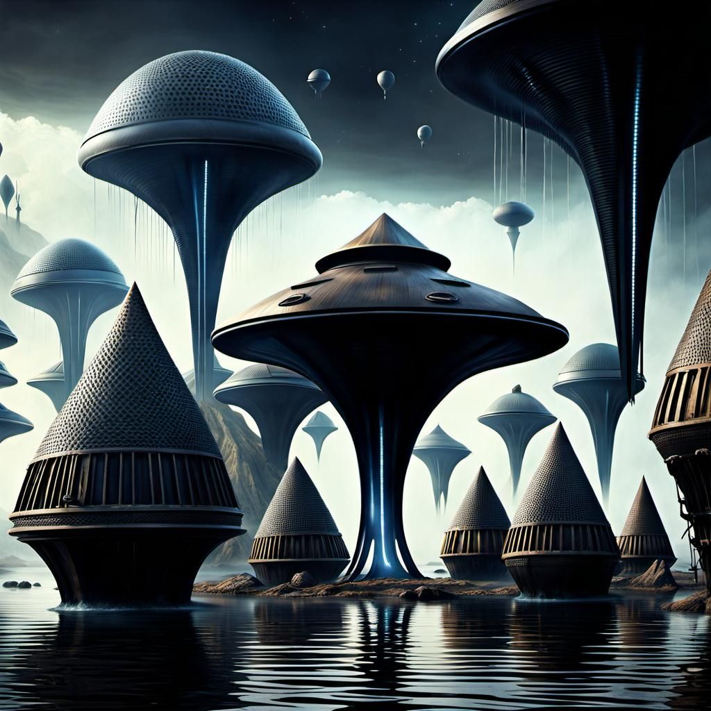 Photorealistic Alien Water Village Concept Art