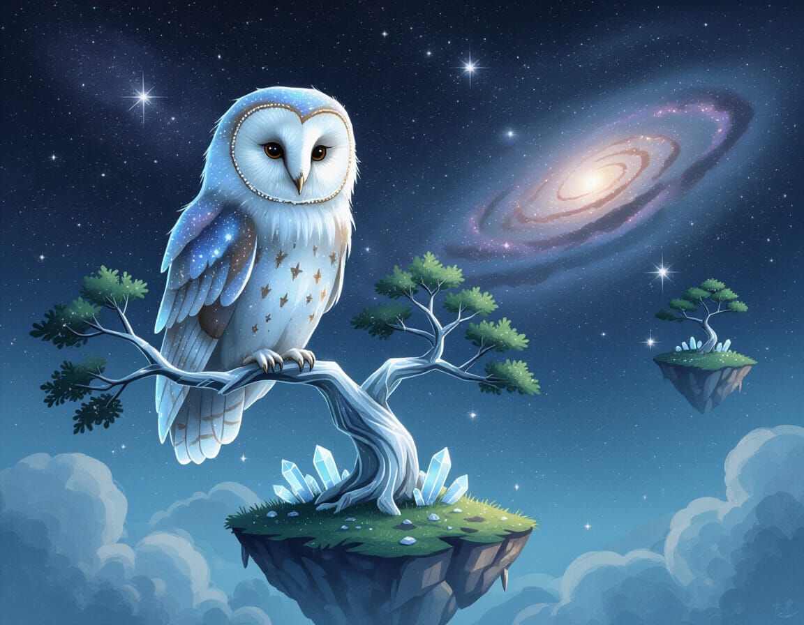Cosmic Owl on Crystalline Tree in Nebula