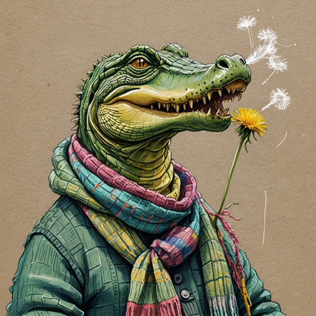 Crocodile with Dandelion in Pastel Sketch