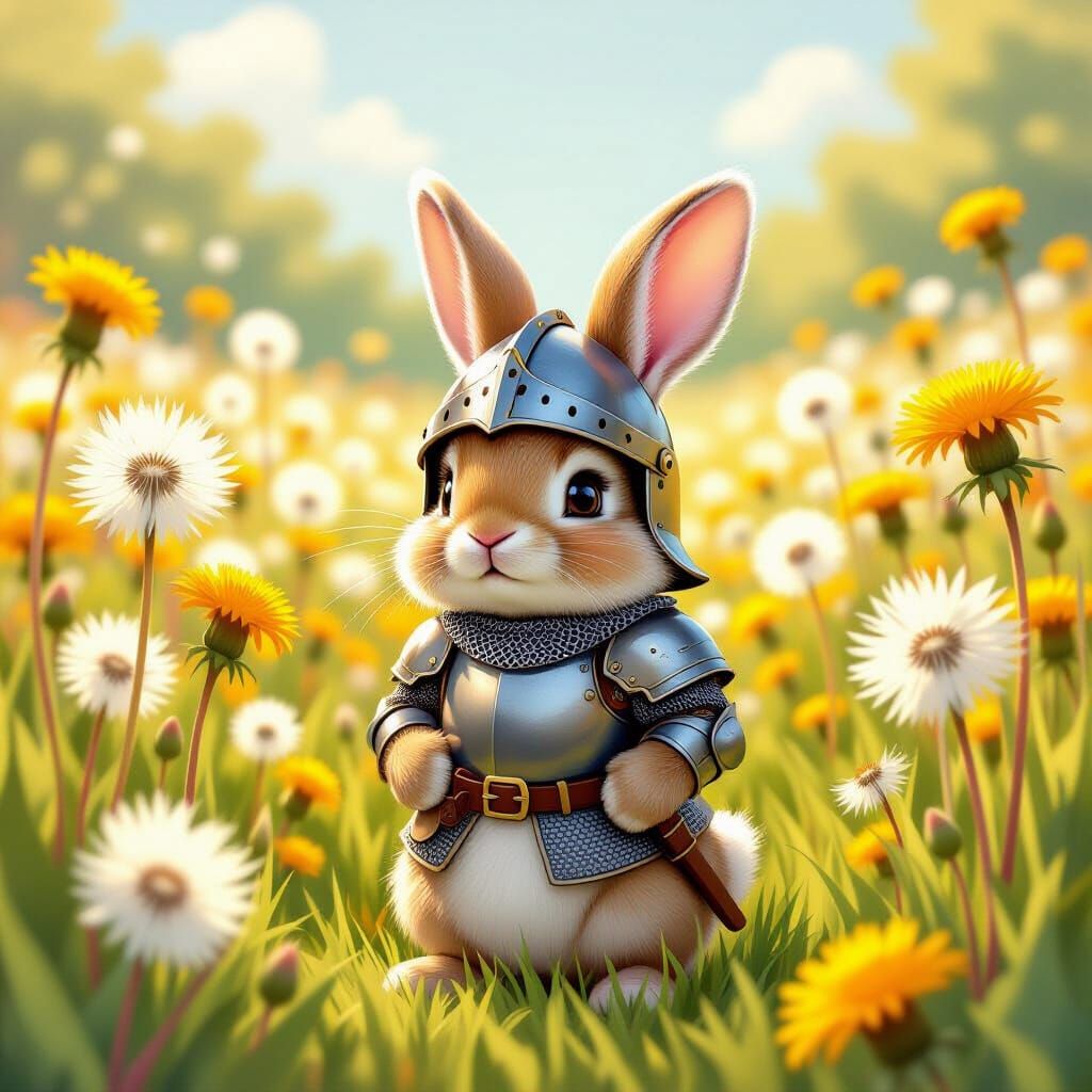 Fluffy Rabbit Knight in Dandelion Field