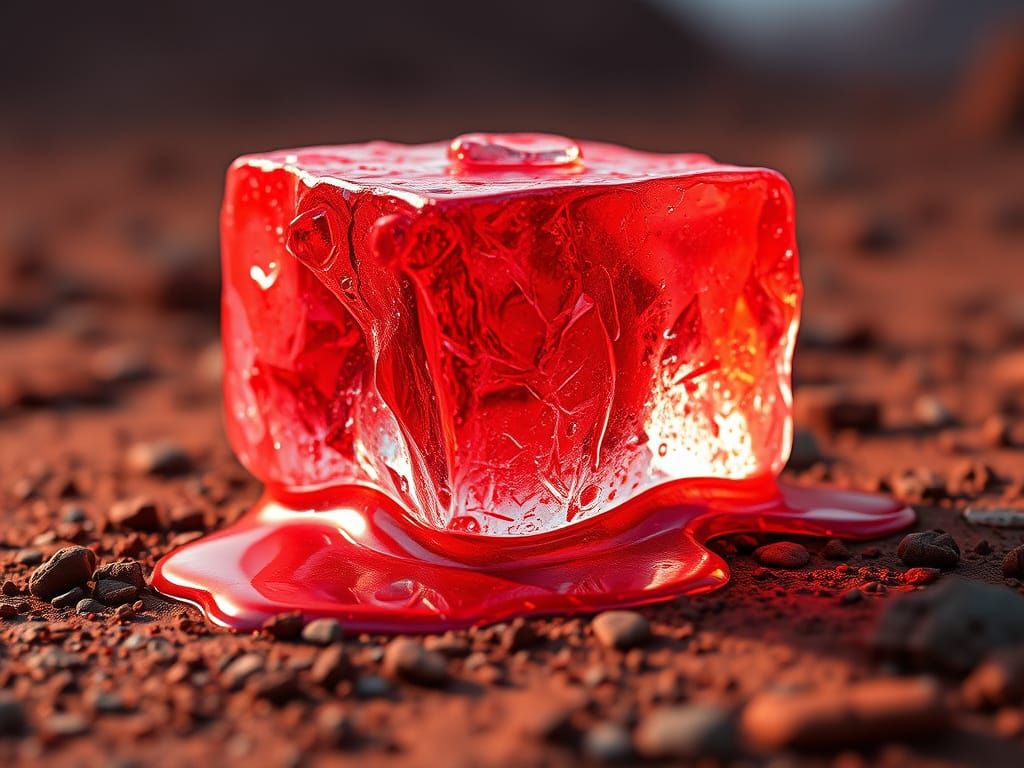 Fire Red Ice Cube Melts on Mars: Digital Art