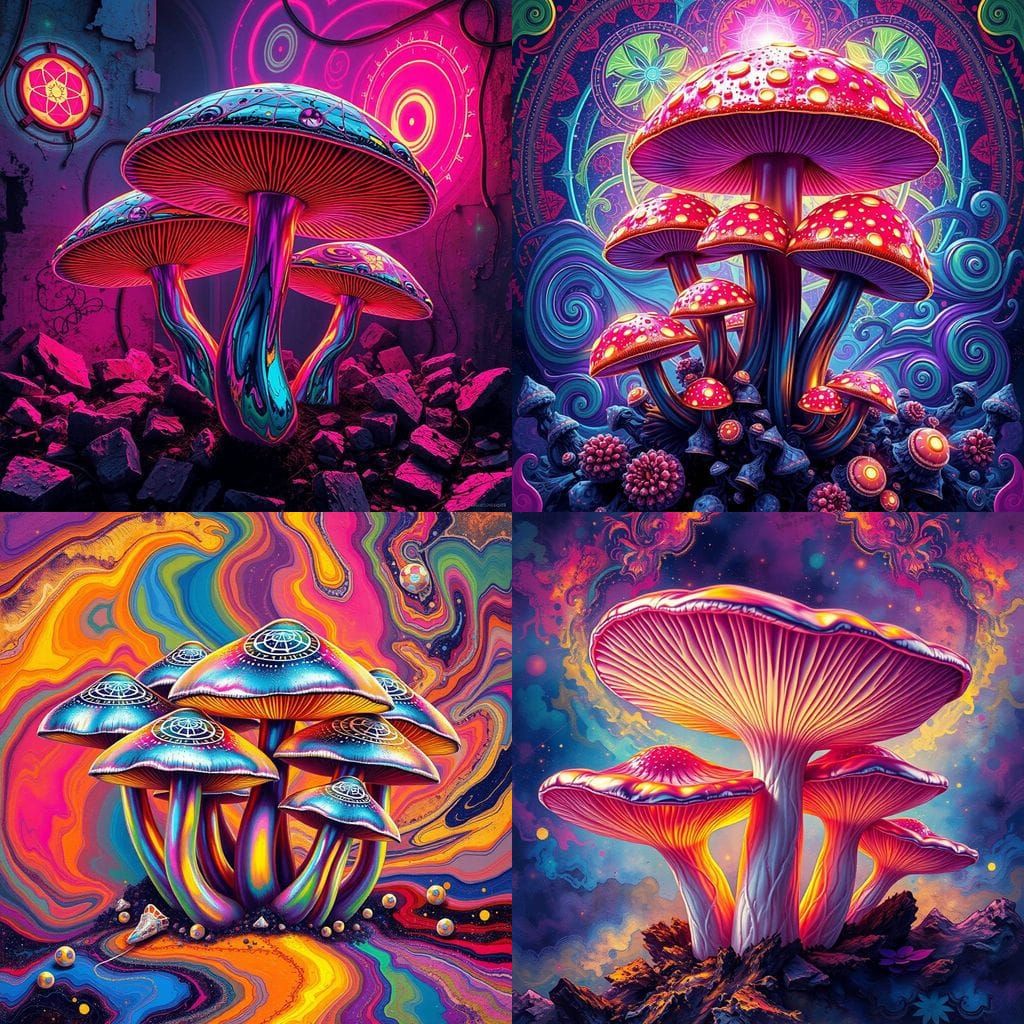 Psychedelic Geometric Art of Chrome Magic Mushrooms