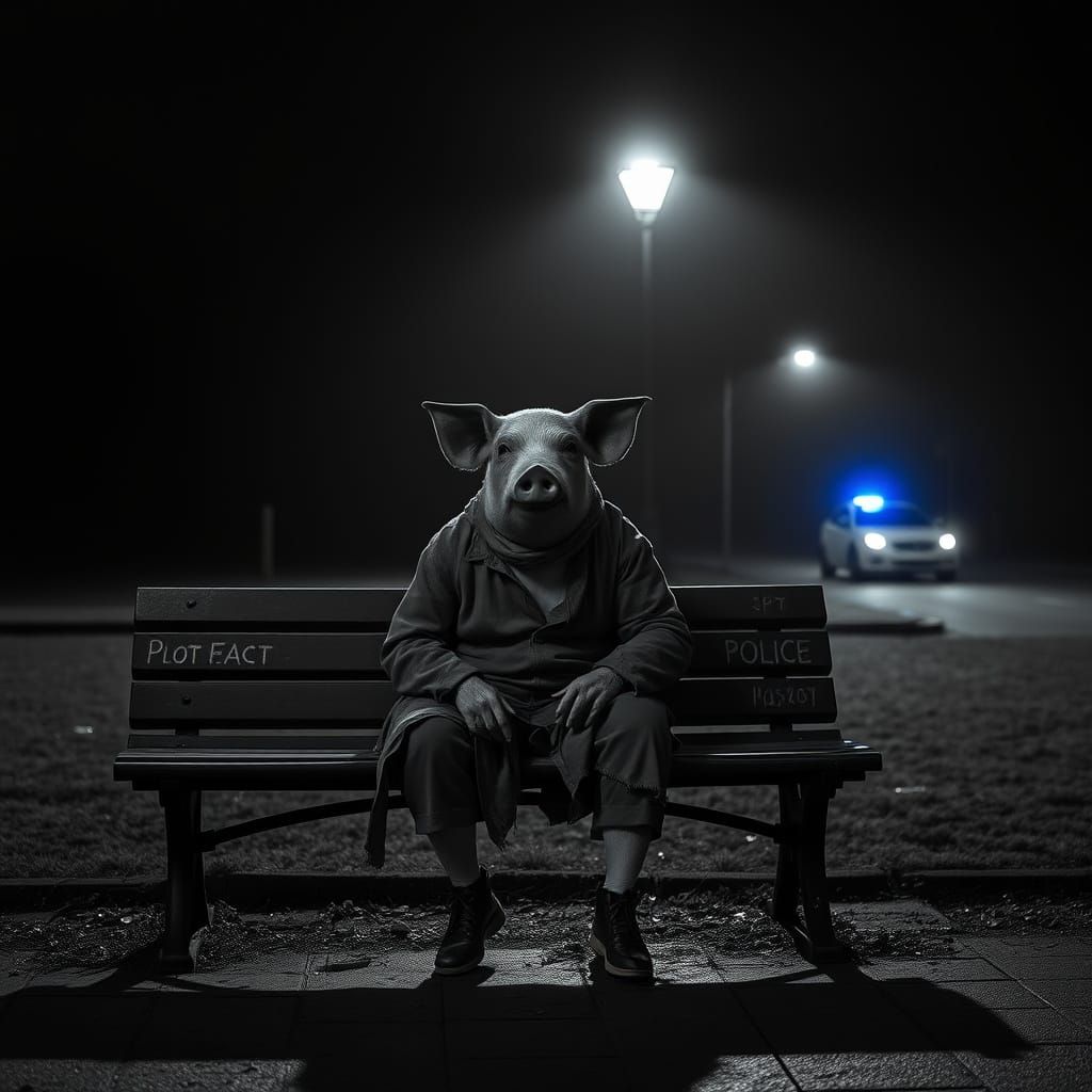 Melancholic Pig-Man on Park Bench at Night
