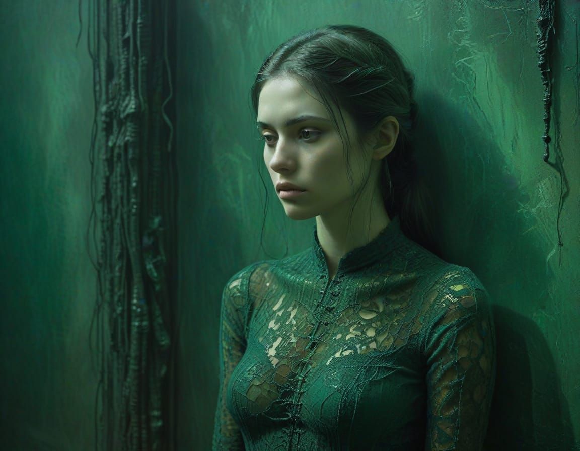 Contemplative Woman in Emerald Hues