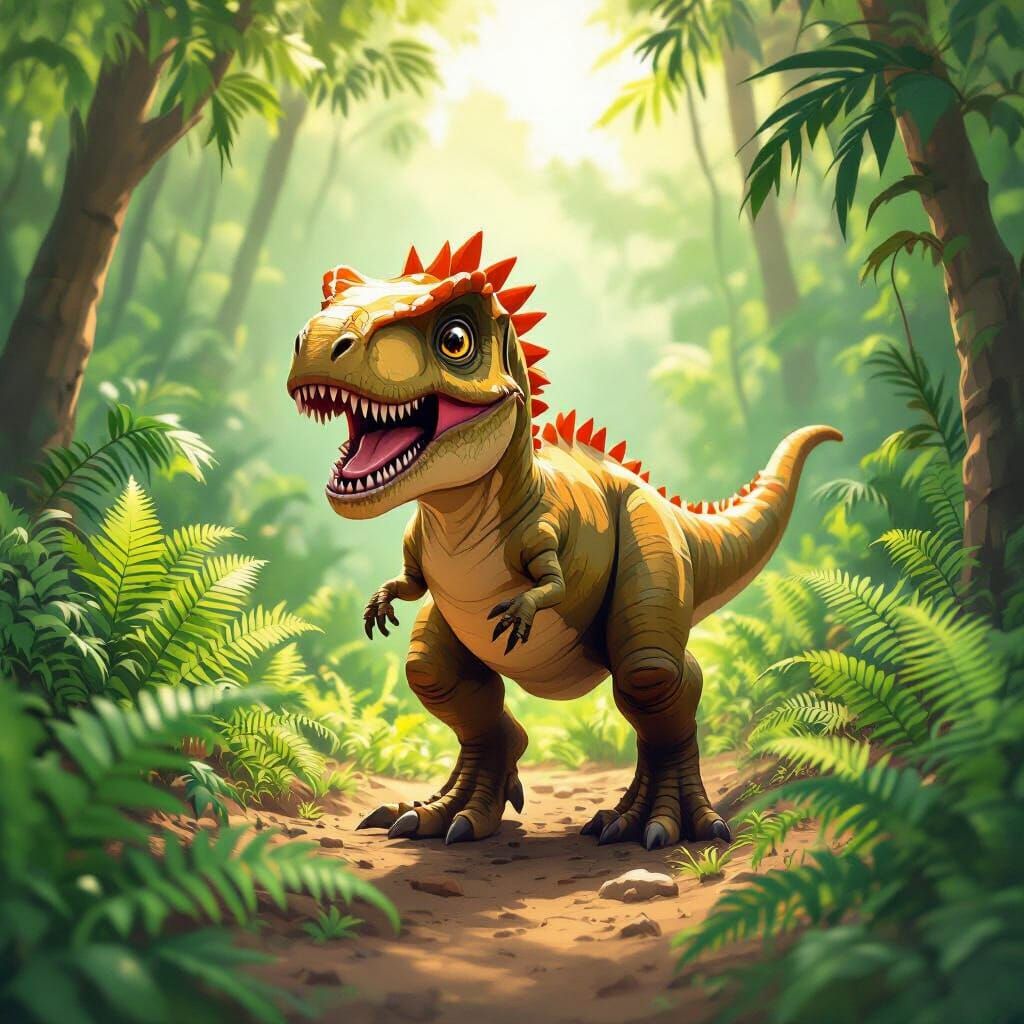Playful Baby T-Rex in a Sunny Prehistoric Jungle