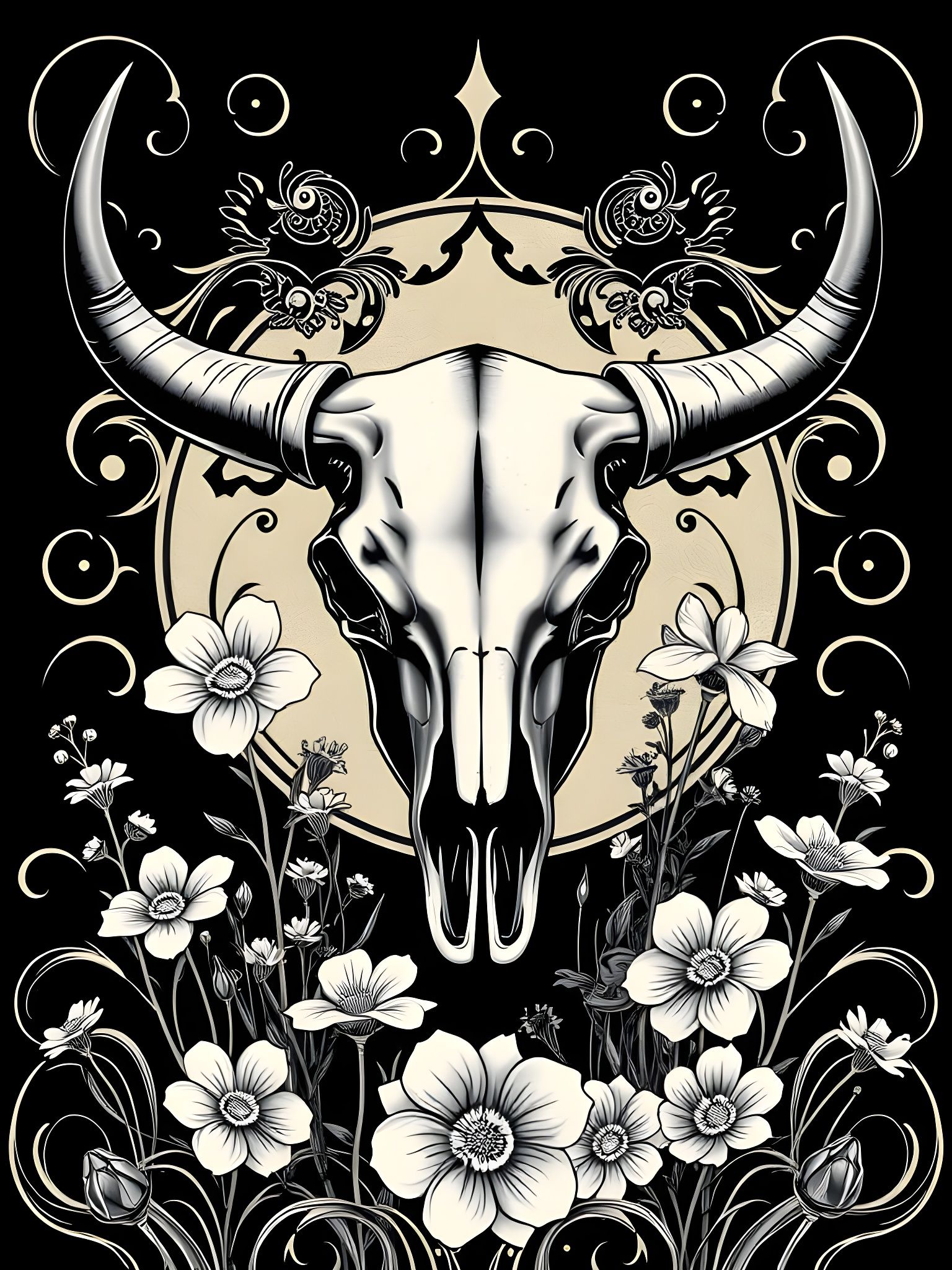 Surreal Noir-Inspired Bull Skull in Prairie Landscape