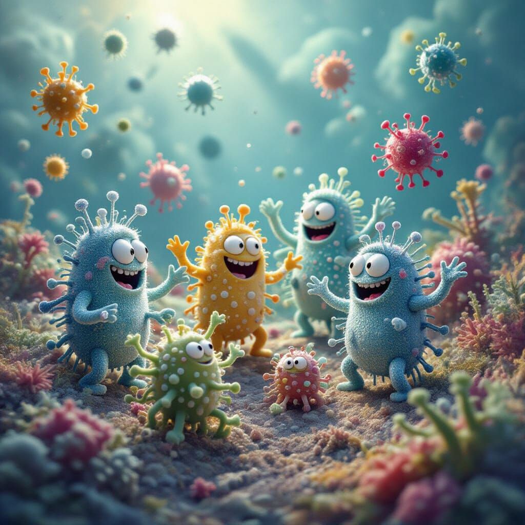 Whimsical Microbe Party: Bacteria, Fungi, and Viruses Dancin...