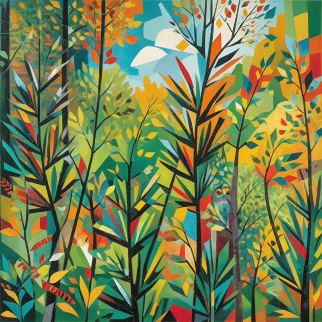 Cubist Landscape with Owls and Autumn Foliage