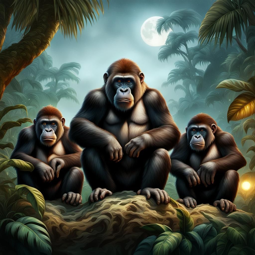Three King Kongs in Misty Jungle, Digital Art