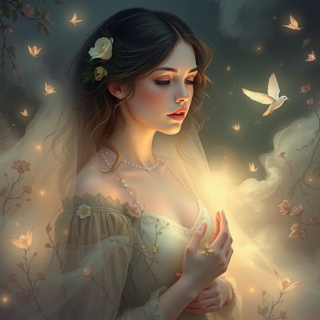 Ethereal Woman in Luminous Misty Realm