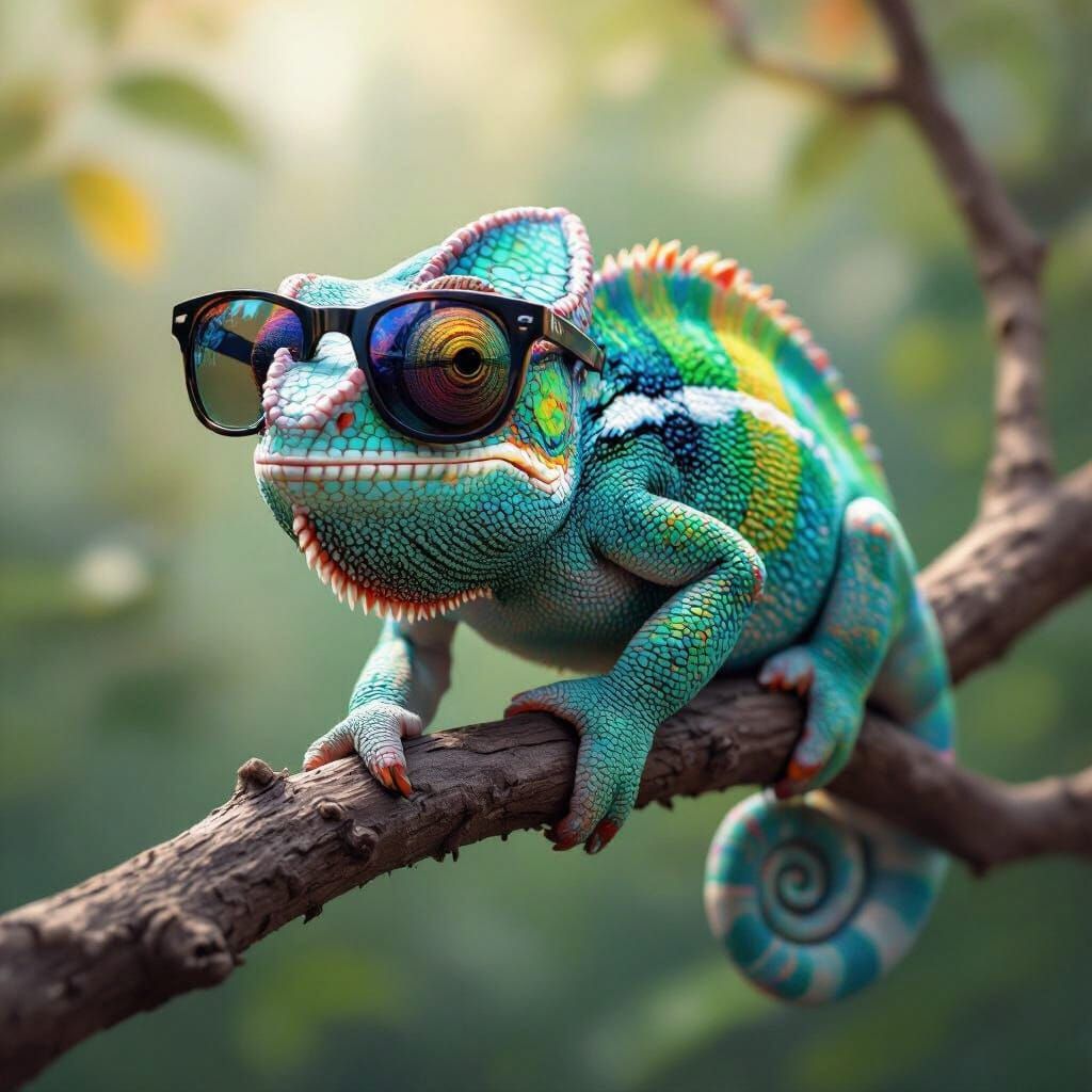 Kaleidoscopic Chameleon in Sunglasses, Hyperrealistic Image