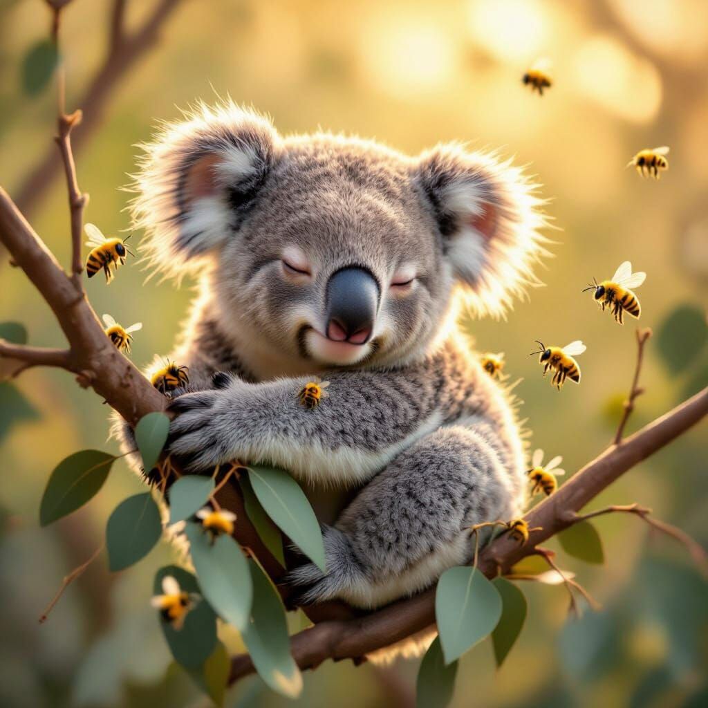 Fluffy Koala with Bees in Golden Hour Light