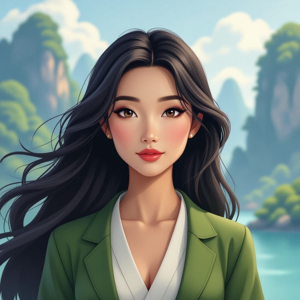 Serene Asian Woman in a Digital Matte Painting Style