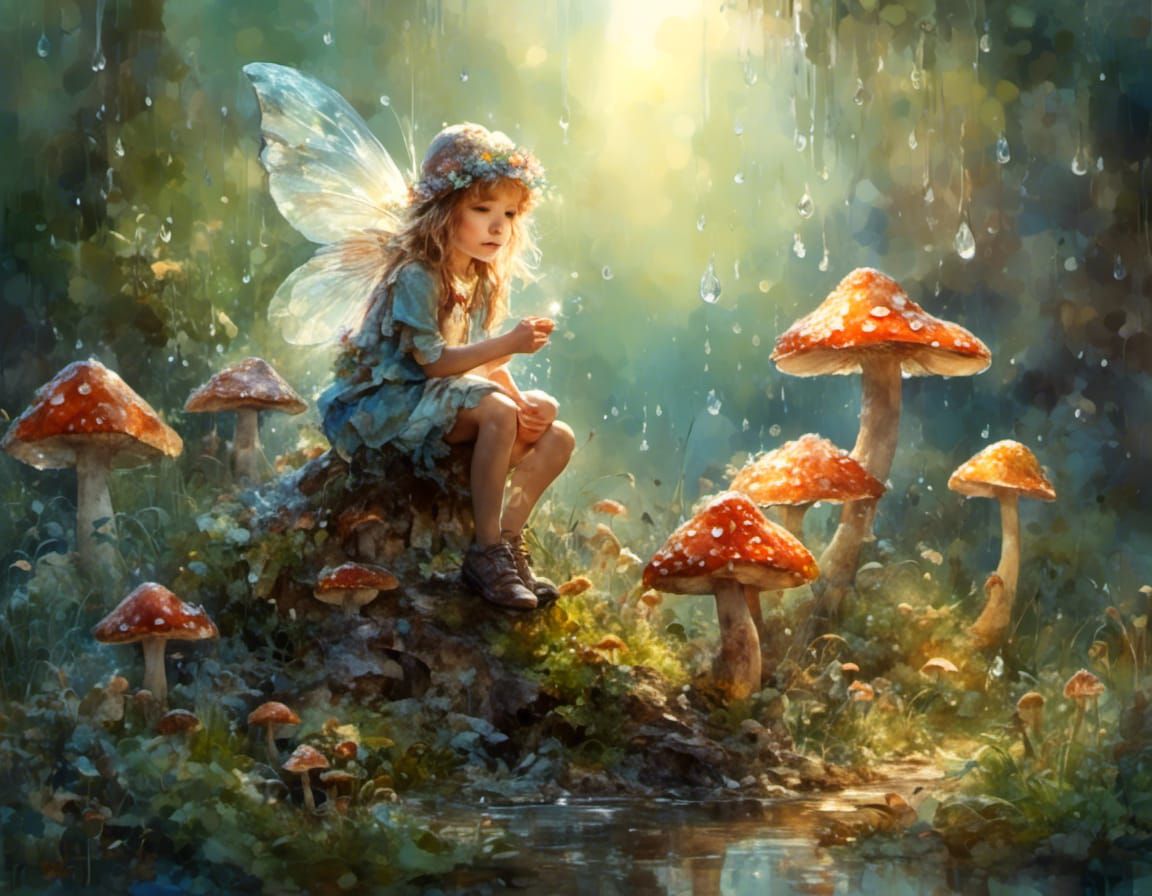 Fairy on Mushroom in Hyperreal Watercolor Style