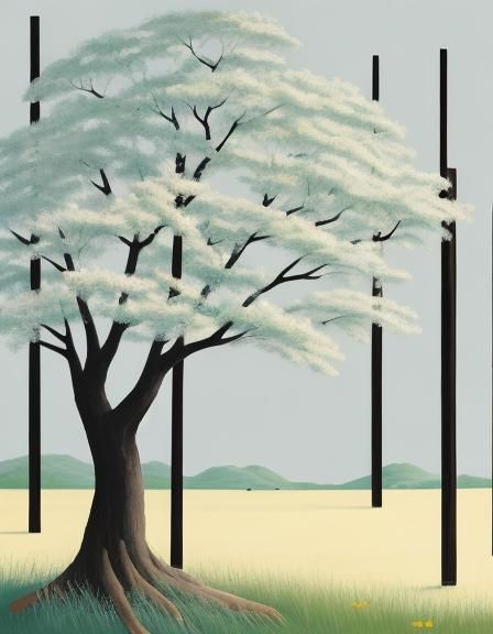 Minimalist Minhwa Painting of Ancient Flower and Tree