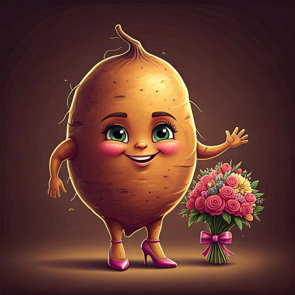 Cartoon Sweet Potato in Heels with Flowers
