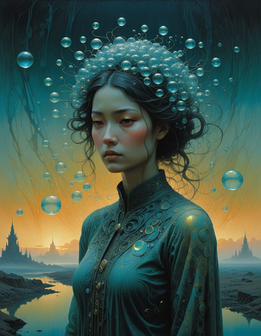 Whimsical Liquid Portrait of Enigmatic Girl with Iridescent....