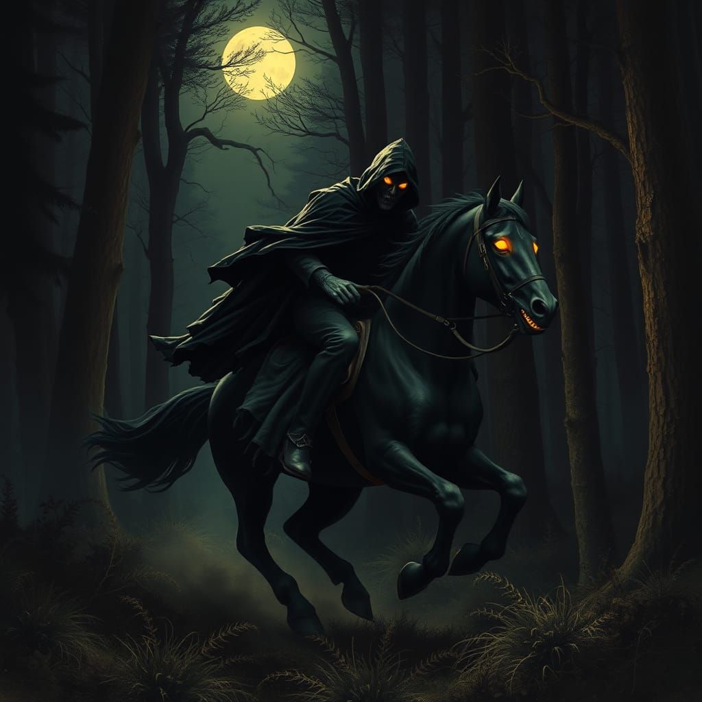 Headless Horseman Gallops Through Eerie Forest