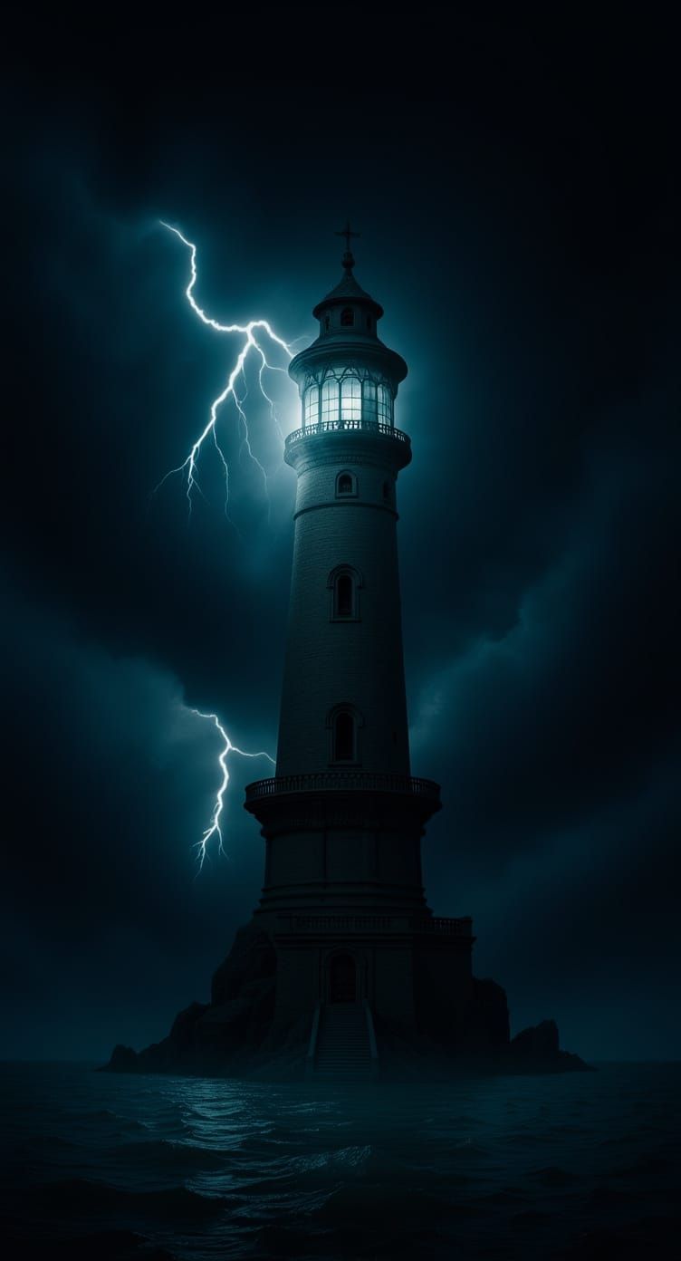 Gothic Lighthouse Rises from Misty Sea: Fantasy Matte Painti...