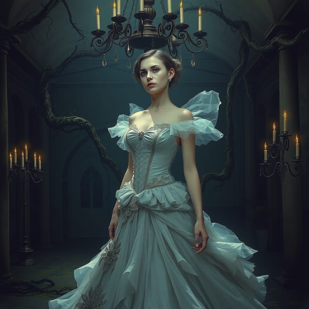 Decaying Cinderella in Gothic Ballroom, Fantasy Art