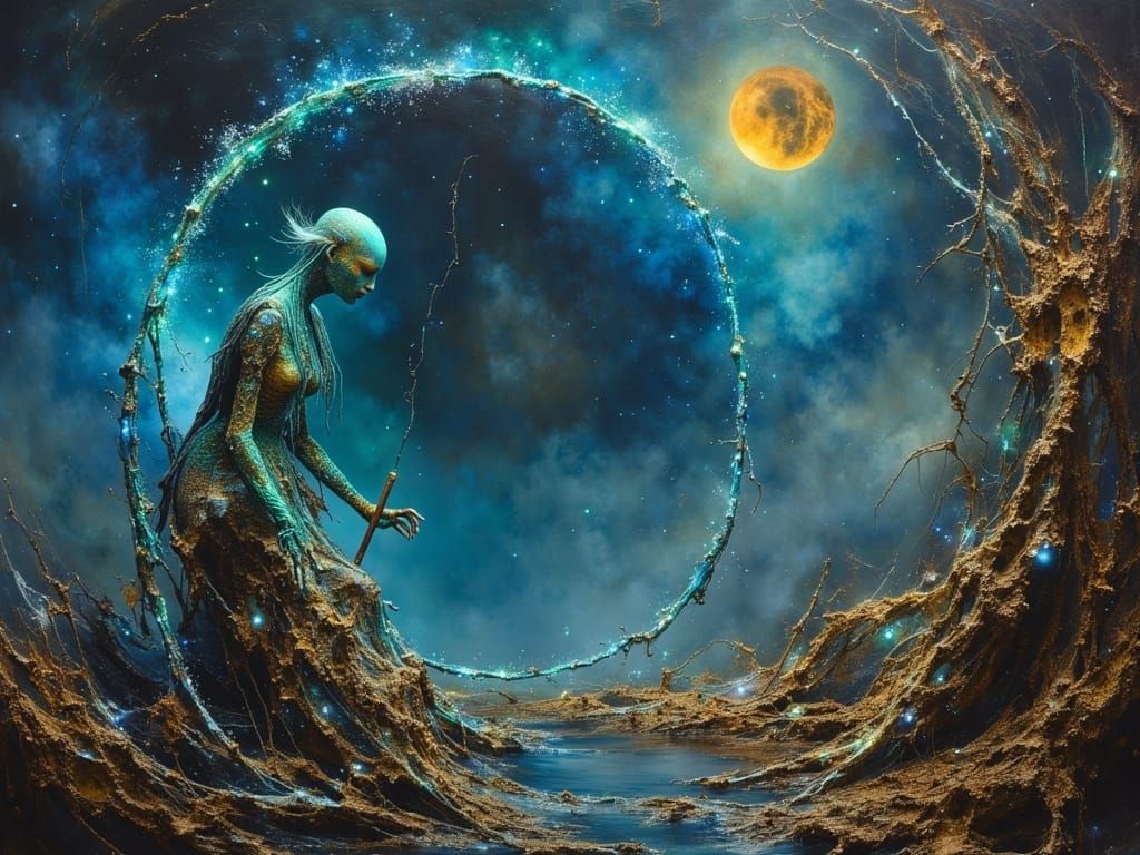 Alien Angler in Surreal Landscape, Art Nouveau Style