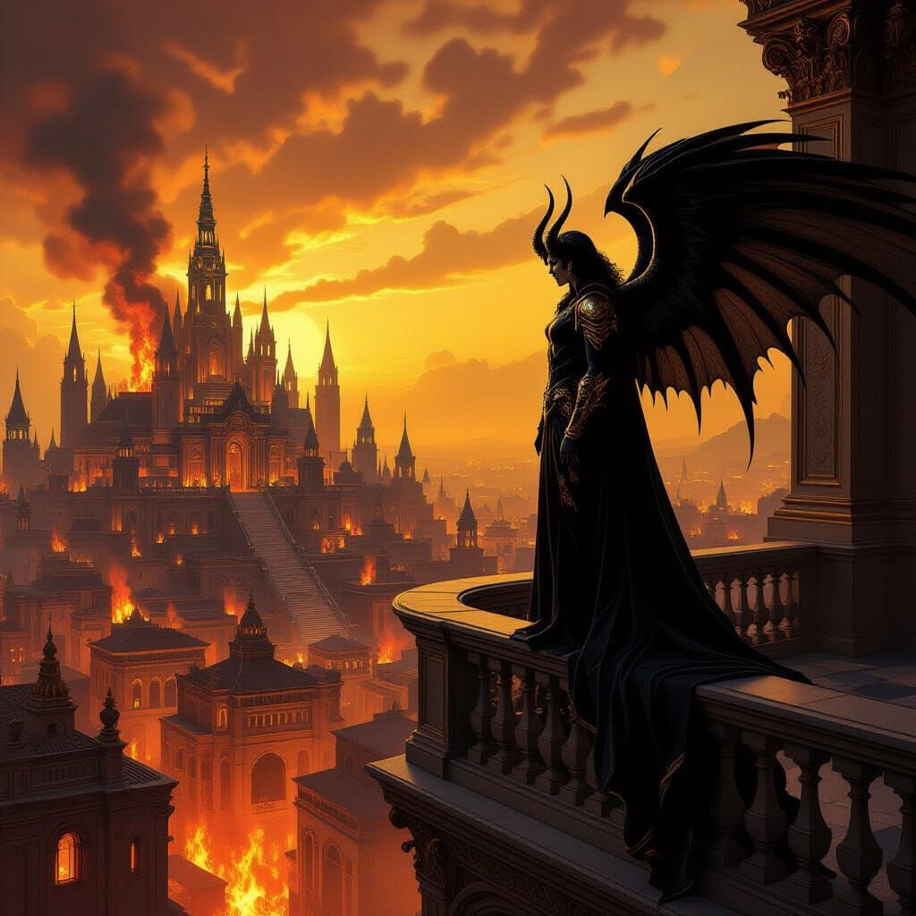 Lucifer Overlooks Hellish Cityscape in Chiaroscuro Style