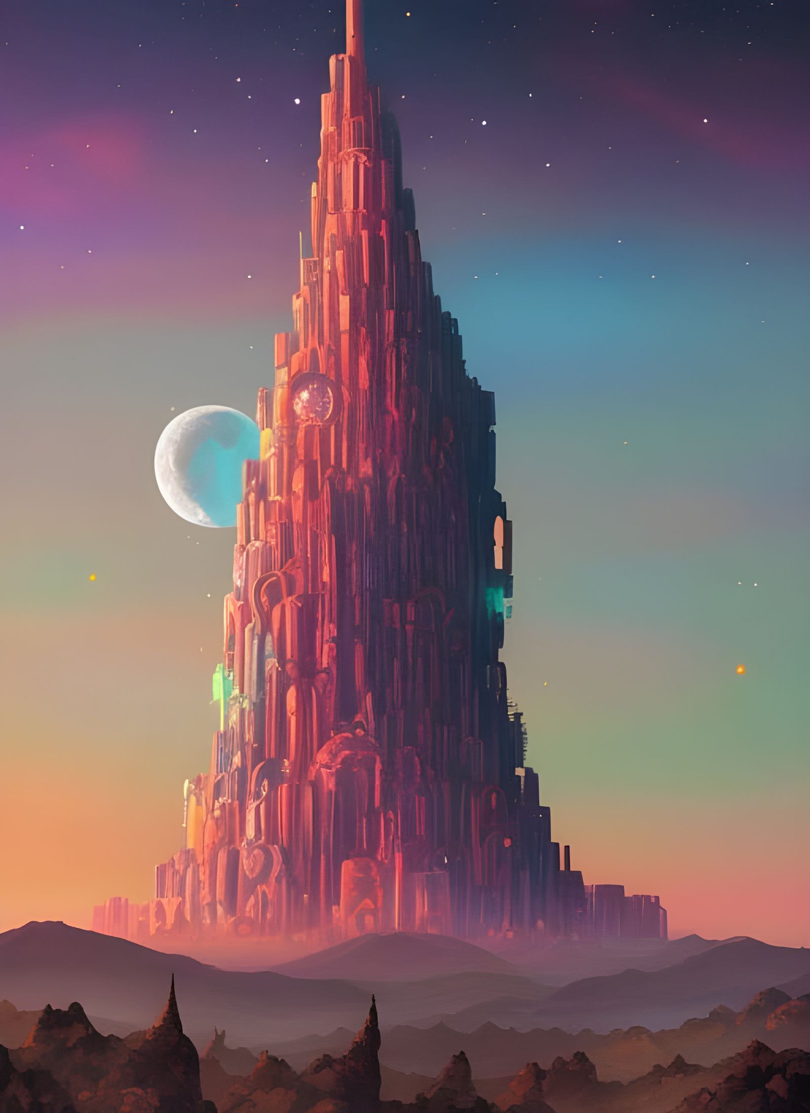 Glowing Moon Rock Tower at Sunset: Hyperrealistic Painting
