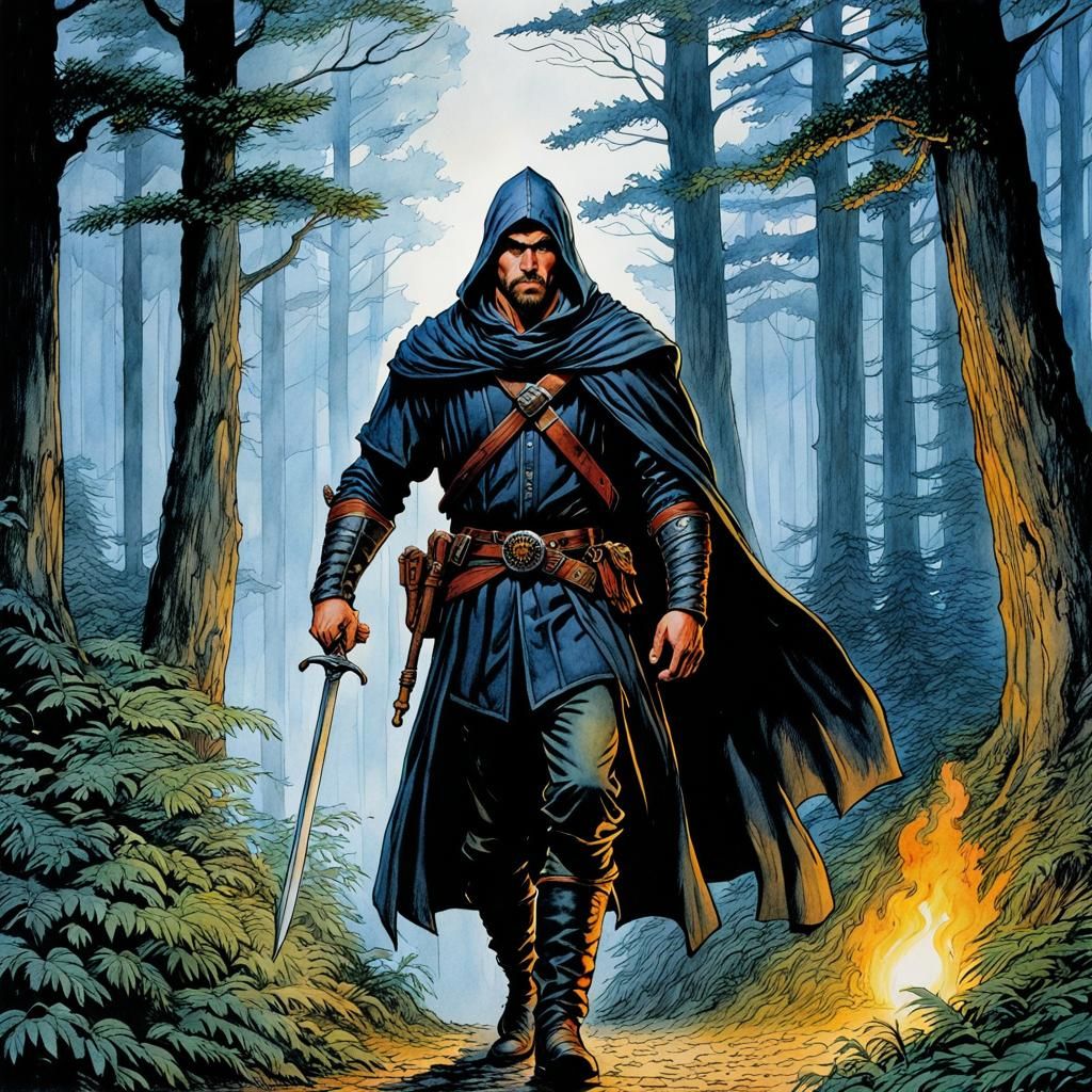 Thief in Forest: Watercolor and Ink Storybook Illustration