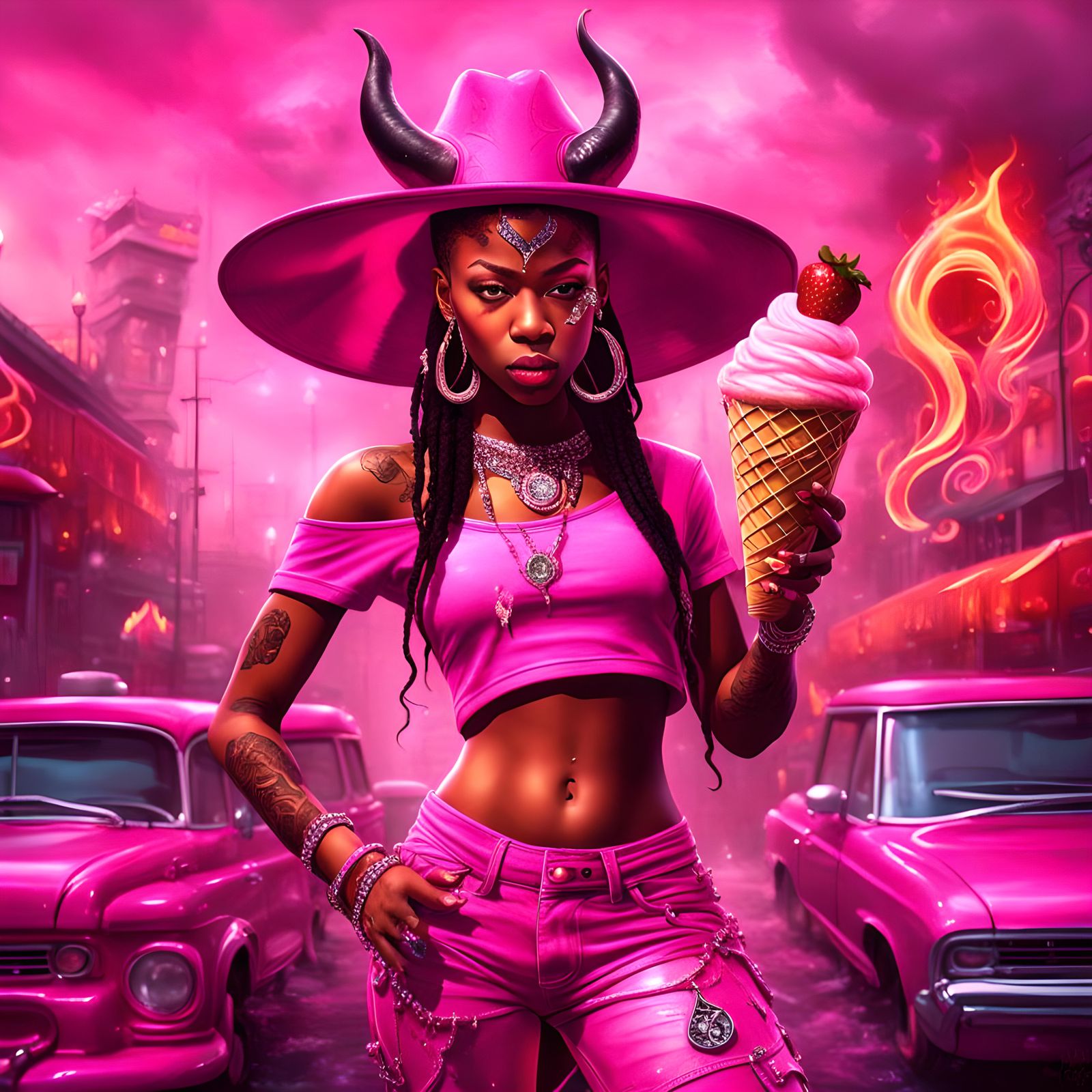 Hyperrealistic Devil in Hip Hop Style with Pink Flames