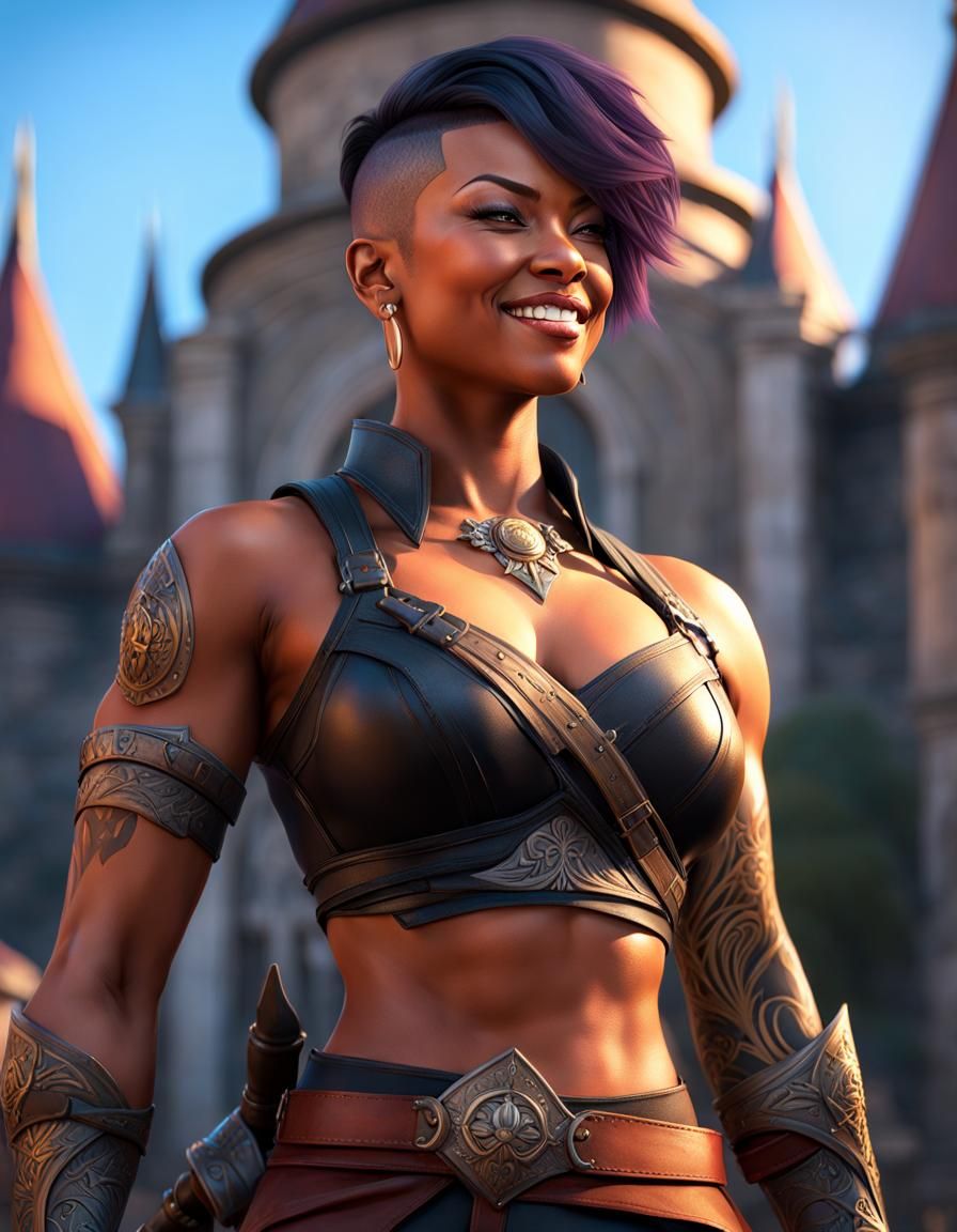 Tough Warrior Woman with Axe in Castle Courtyard