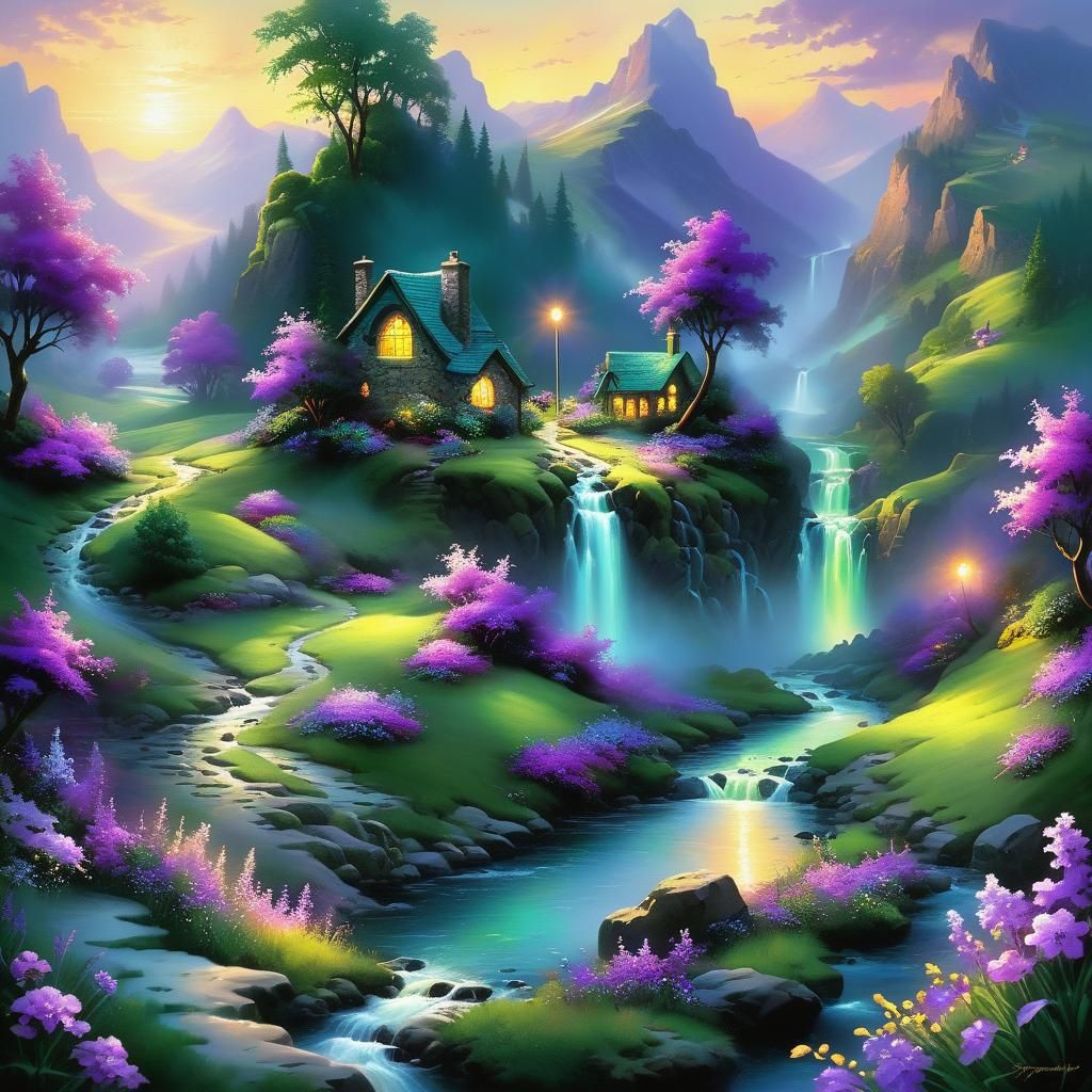 Luminescent Valley with Purple Flowers, Ethereal Art
