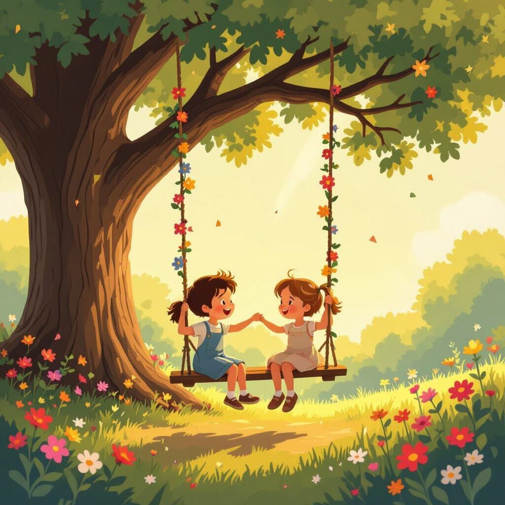 Joyful Daughter on Tree Swing in Golden Hour Light