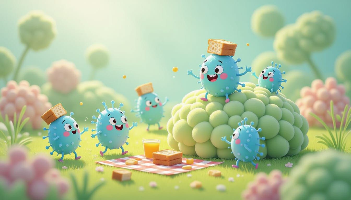 Whimsical Microbes Enjoying a Picnic on Mold