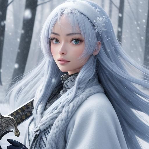 Anime Woman with Sword in Snowy Forest