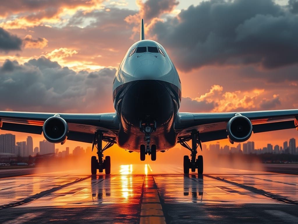 Majestic Boeing 747 Dominates Rain-Soaked Runway in Sunset G...