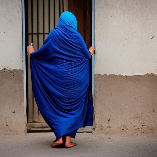 Woman in Blue Burqa in Kabul Street Scene
