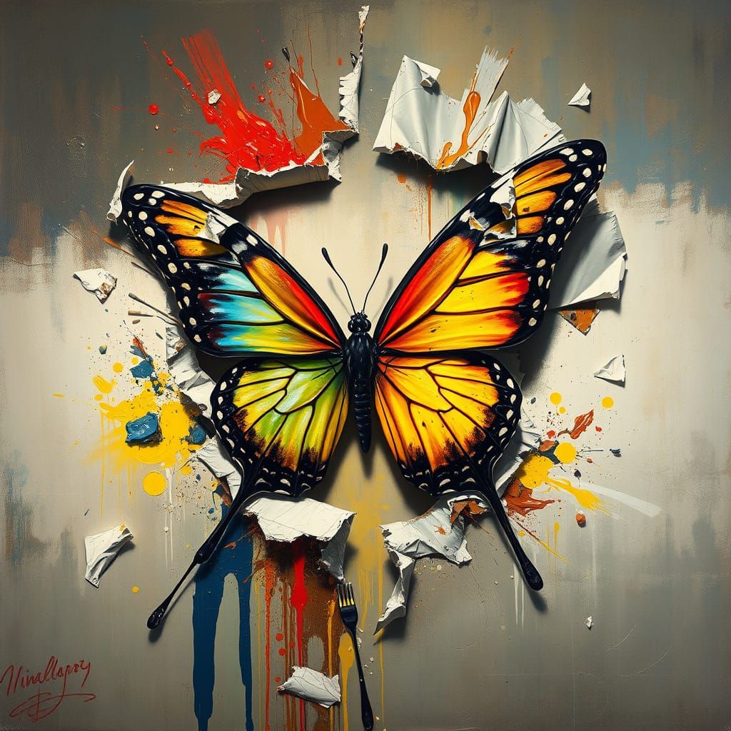 Realistic Butterfly Emerges from Torn Oil Painting