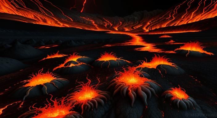 Flammenalben: Fiery Humanoids in Volcanic Landscape
