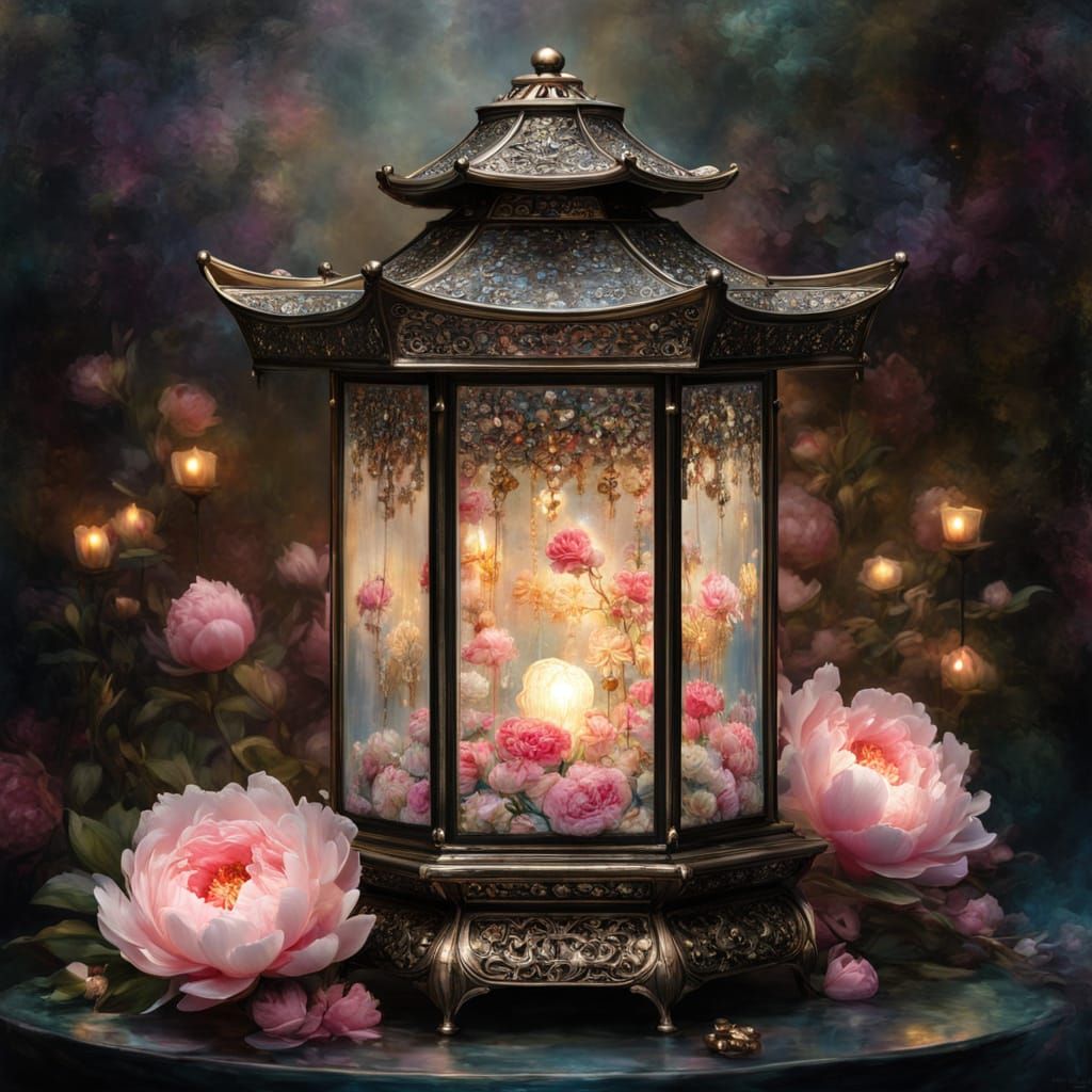 Lantern with peonies