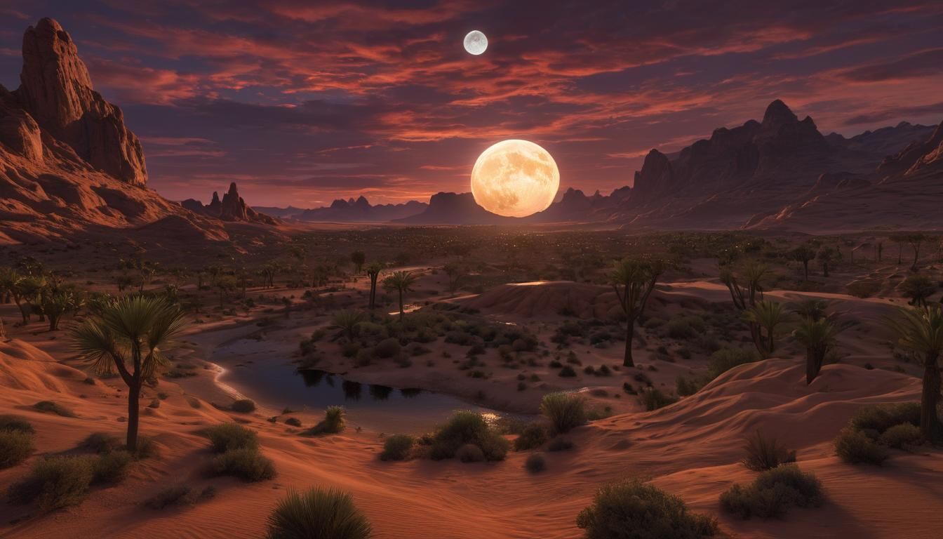 (Beautiful Desert Oasis Sunset With Two Full Moons In The Sk...