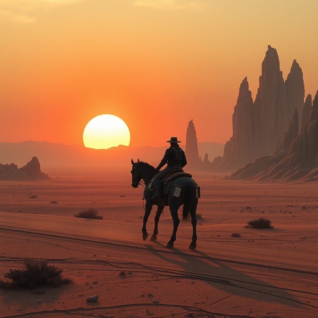 Cybernetic Rider on Alien Desert Under Binary Sunset