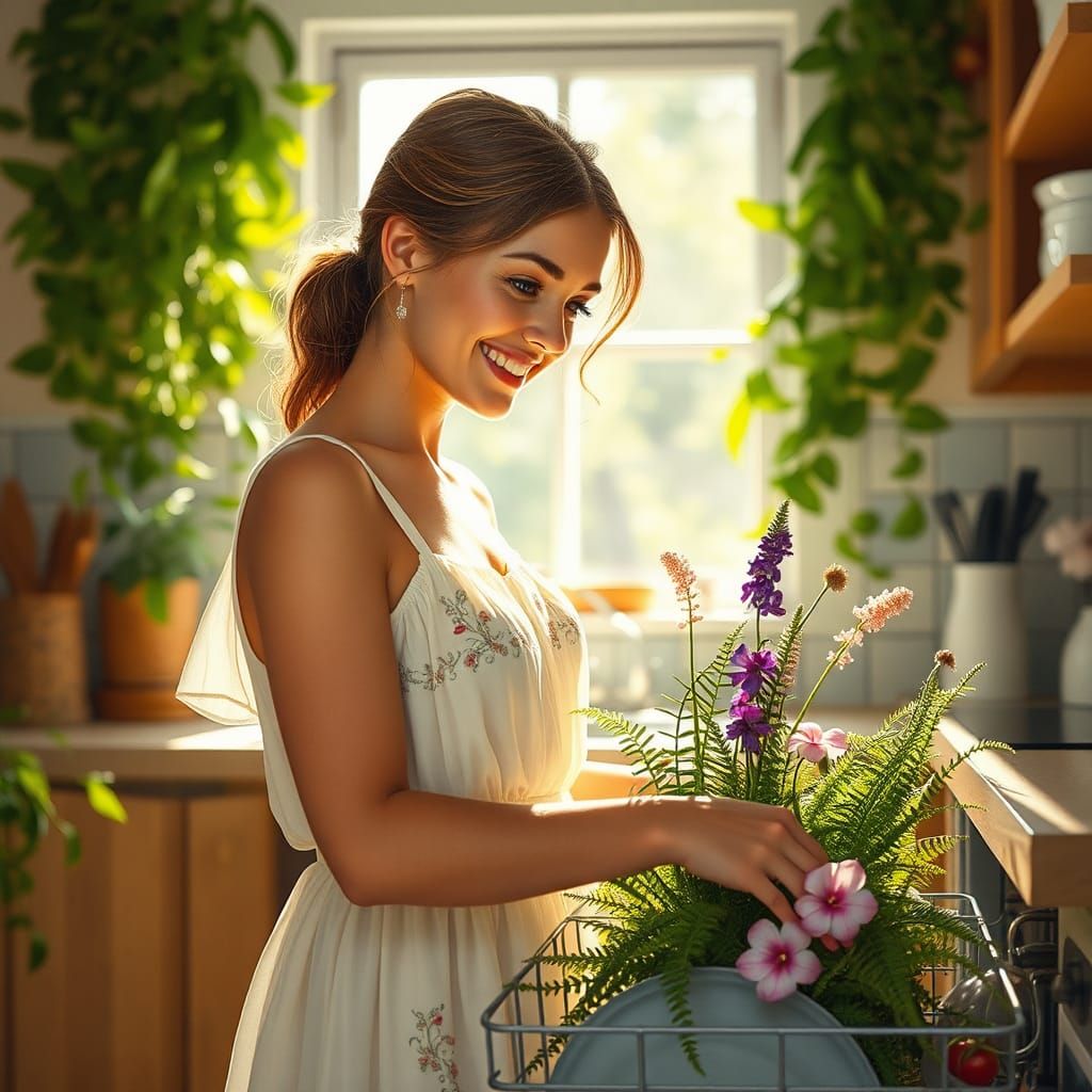 Hyperrealistic Woman Arranging Flowers in Dishwasher