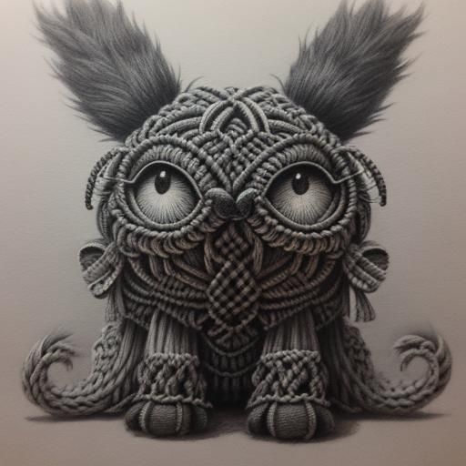 Hyperdetailed Charcoal Drawing: Cute Macrame Creature